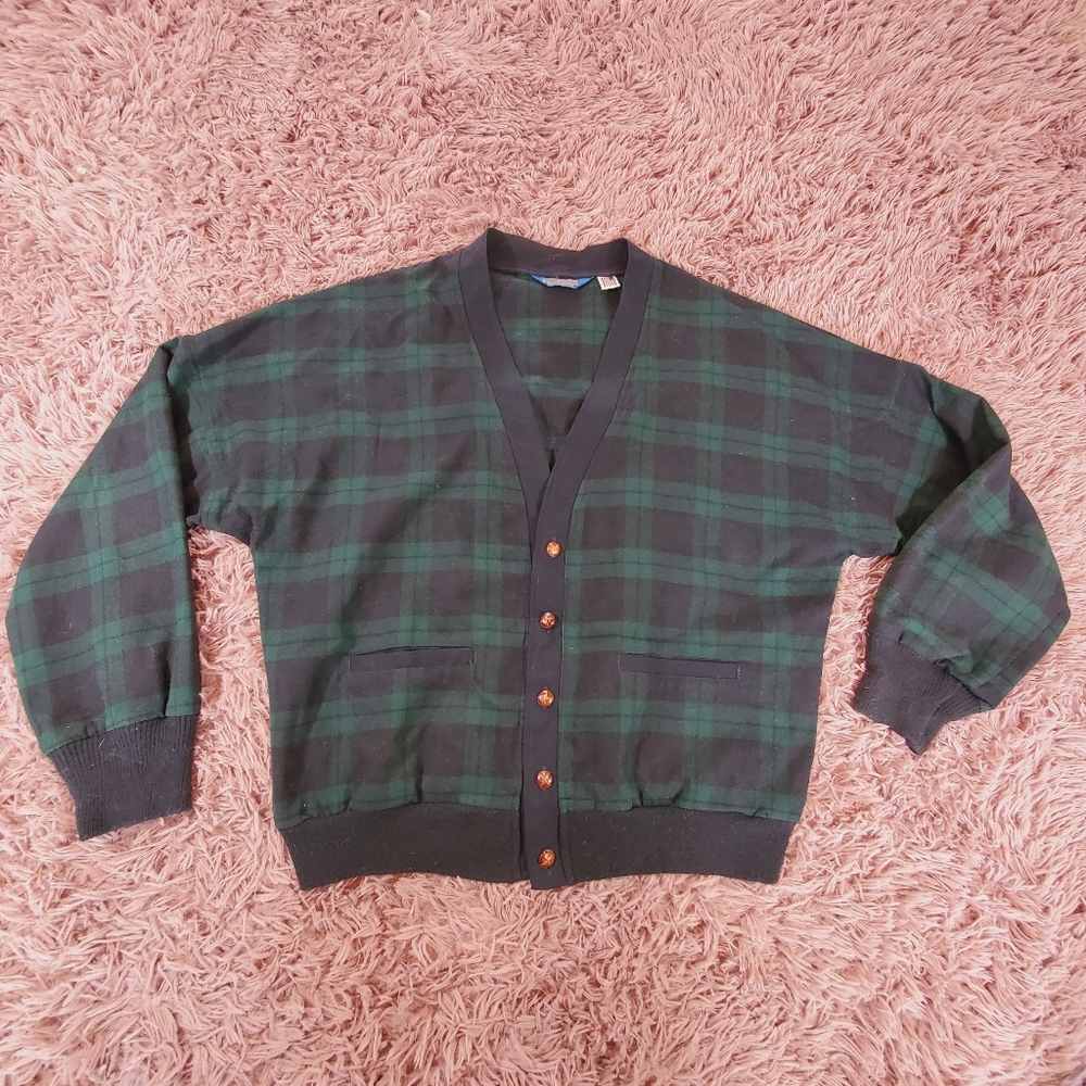 Size Large Vintage Pendelton Cardigan Grandpa Sweater Dark Green Navy Plaid Wool